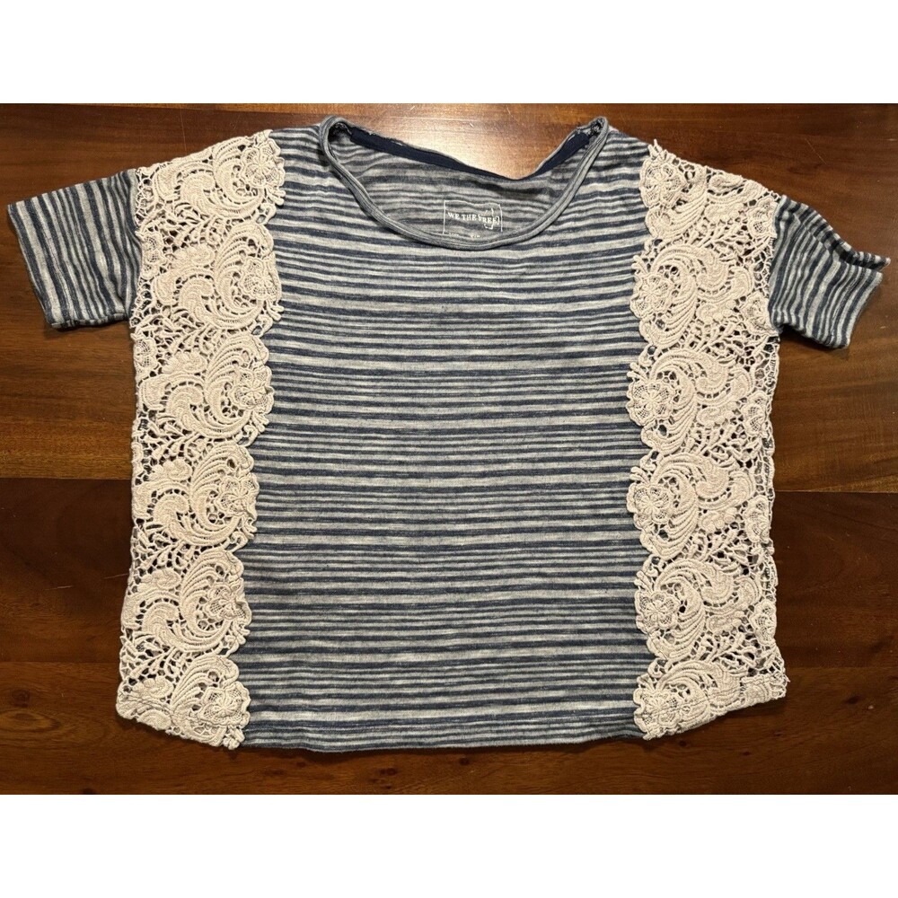 We The Free Free People Striped Battenberg Crochet Accent Tee Boxy Top Blue S